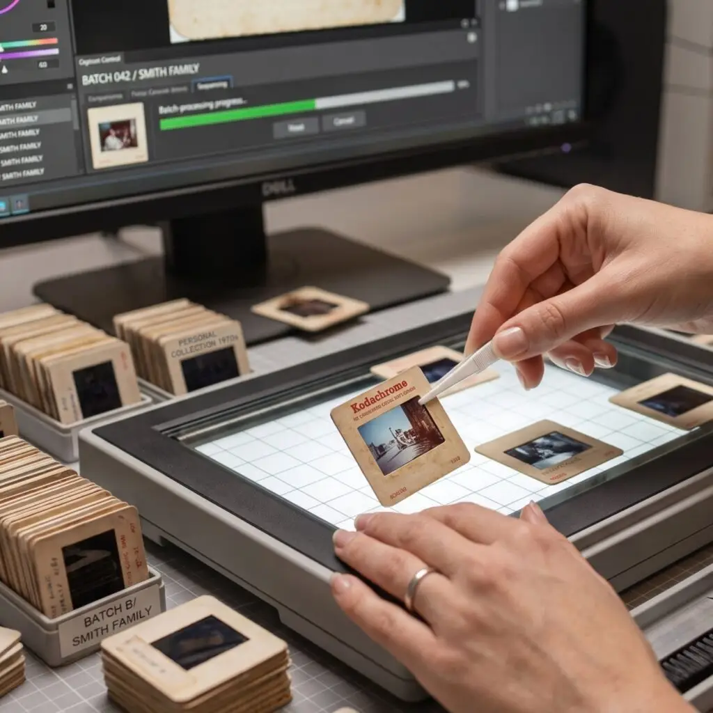 Person using tweezers to place a vintage Kodakchrome slide onto a lighted scanner, with labeled slide boxes nearby.