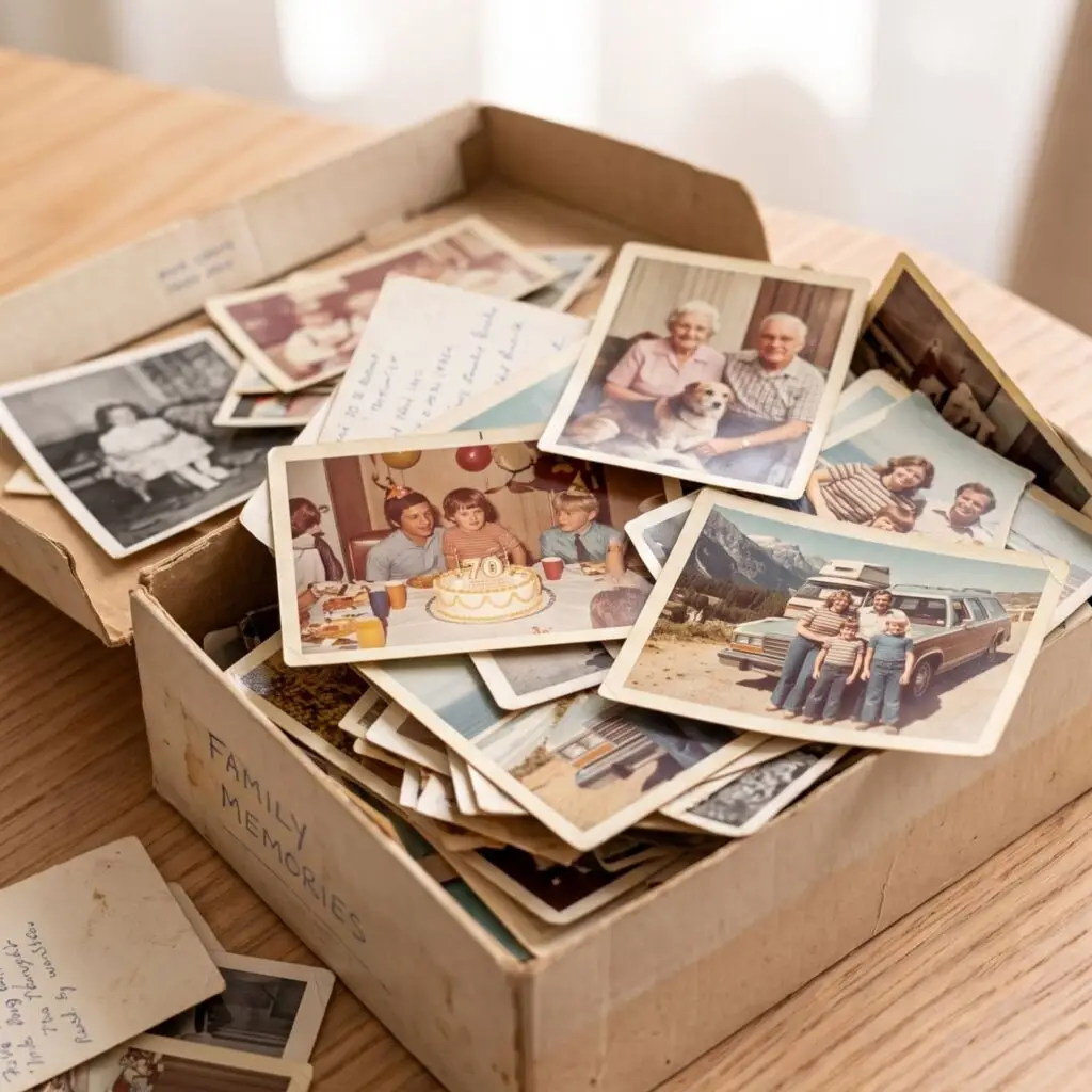 Cardboard box labeled 'Family Memories' filled with scattered vintage photographs of family gatherings and trips