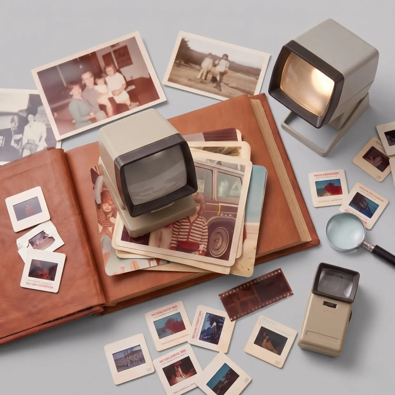 Vintage photo collection with old prints, slides, and a viewer scattered on a brown photo album.