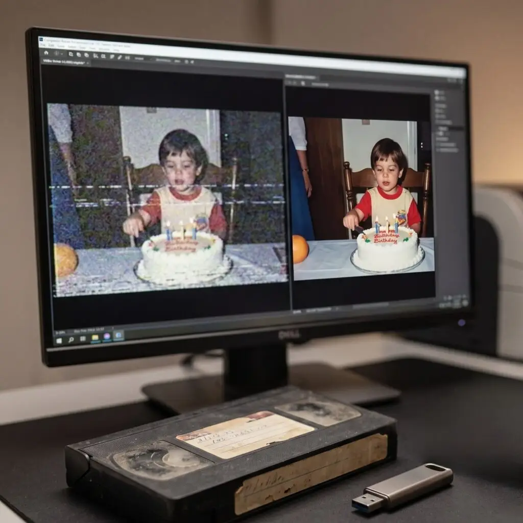 Two photos of a child at a birthday cake displayed side by side on a computer monitor; left image is noisy, right is clearer. A VHS tape and USB drive rest on the desk.