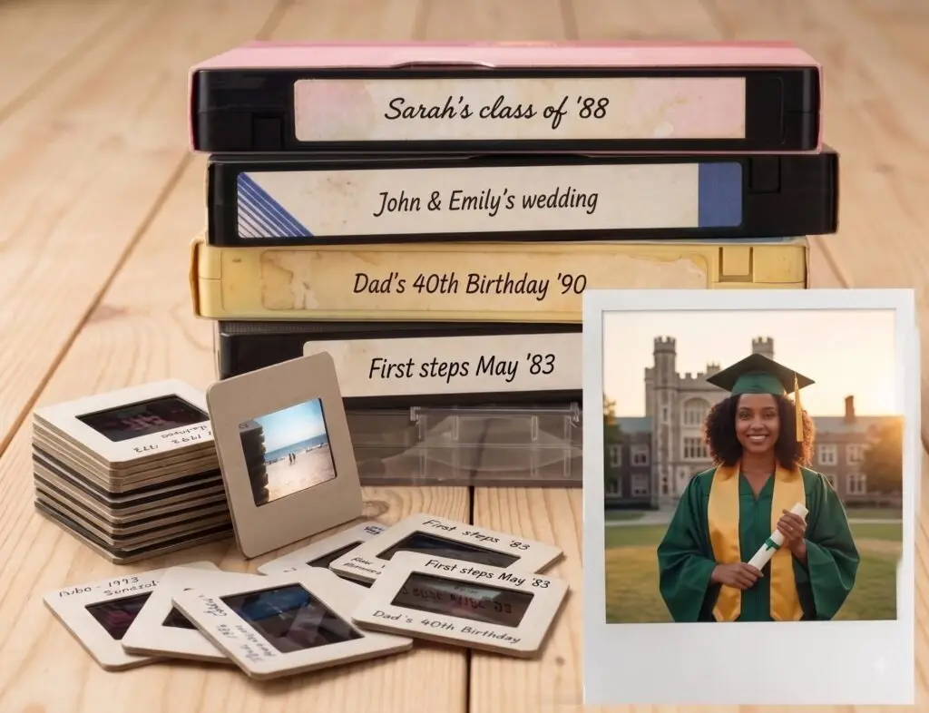 Stack of retro VHS tapes with handwritten labels like 'Sarah's class of '88' and 'John & Emily's wedding' beside scattered photo slides on a wooden table.