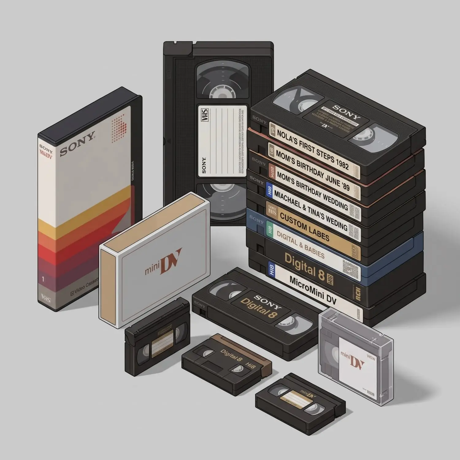 Stack of retro video tapes and cases (VHS, MiniDV, Digital8) with labeled spines and varied colors, on a gray background.