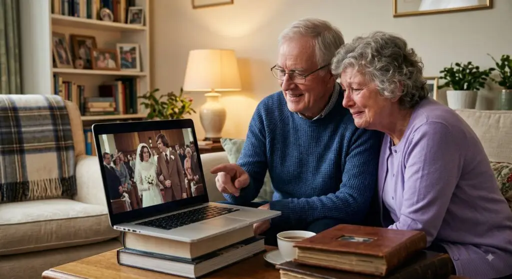 Older couple smiles at a wedding photo on a laptop, sitting on a living room couch.